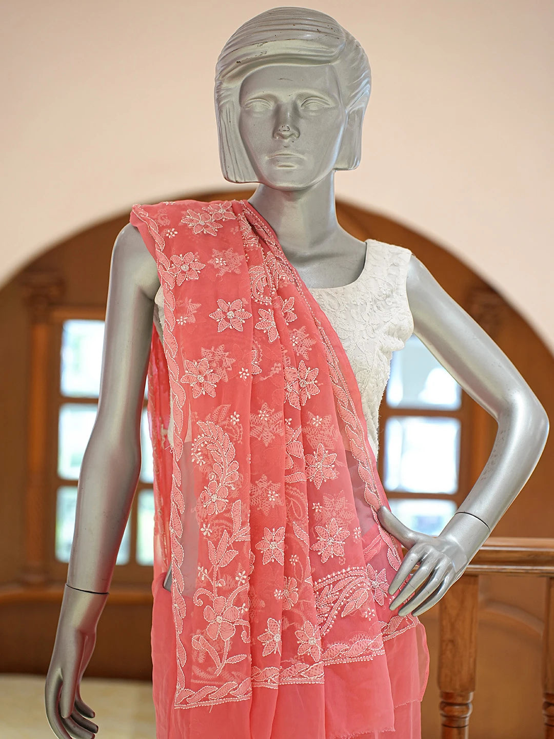 Ada Hand Embroidered Carrot Pink Georgette Lucknowi Chikankari Saree With Blouse 01A823386