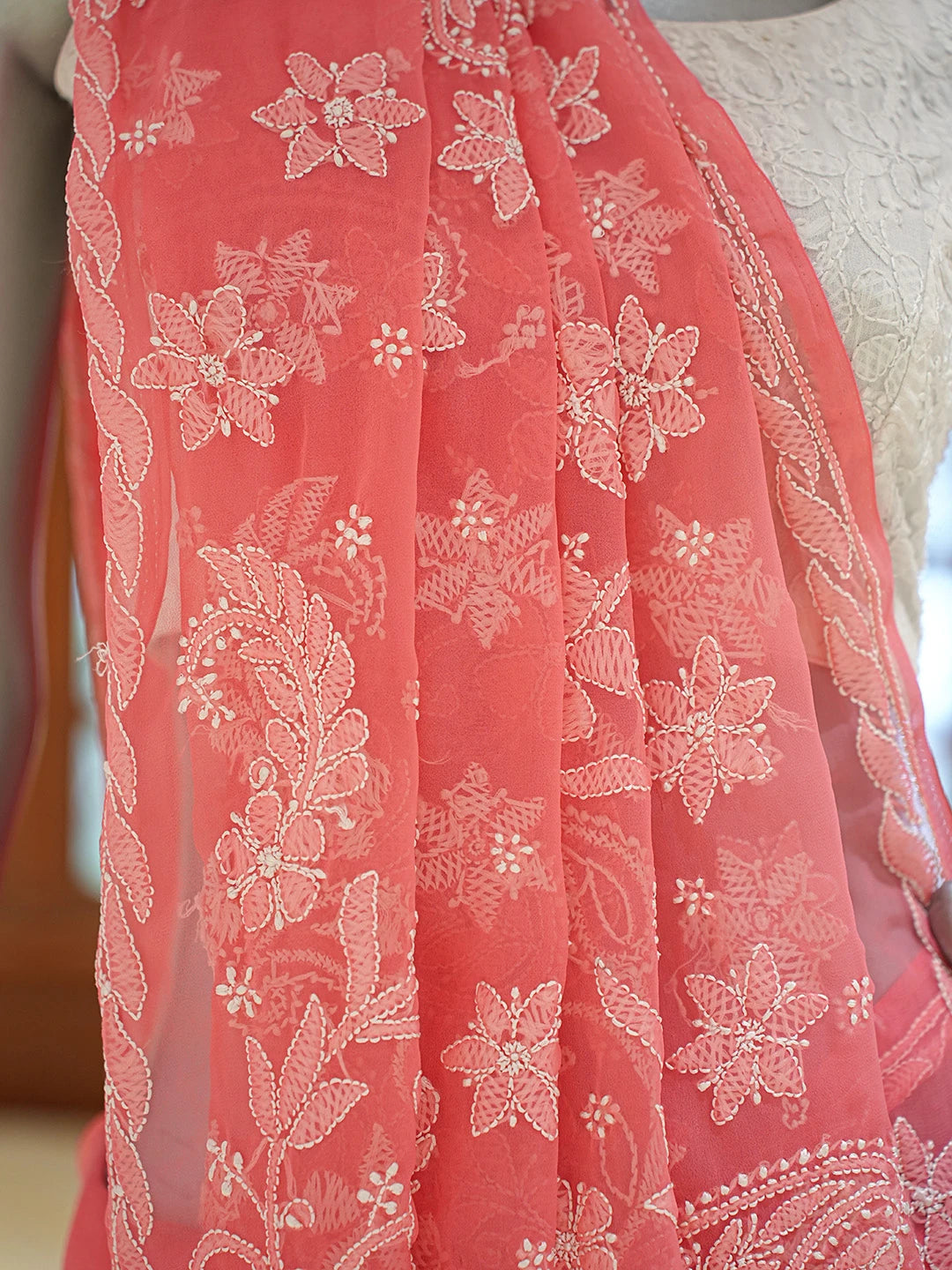 Ada Hand Embroidered Carrot Pink Georgette Lucknowi Chikankari Saree With Blouse 01A823386
