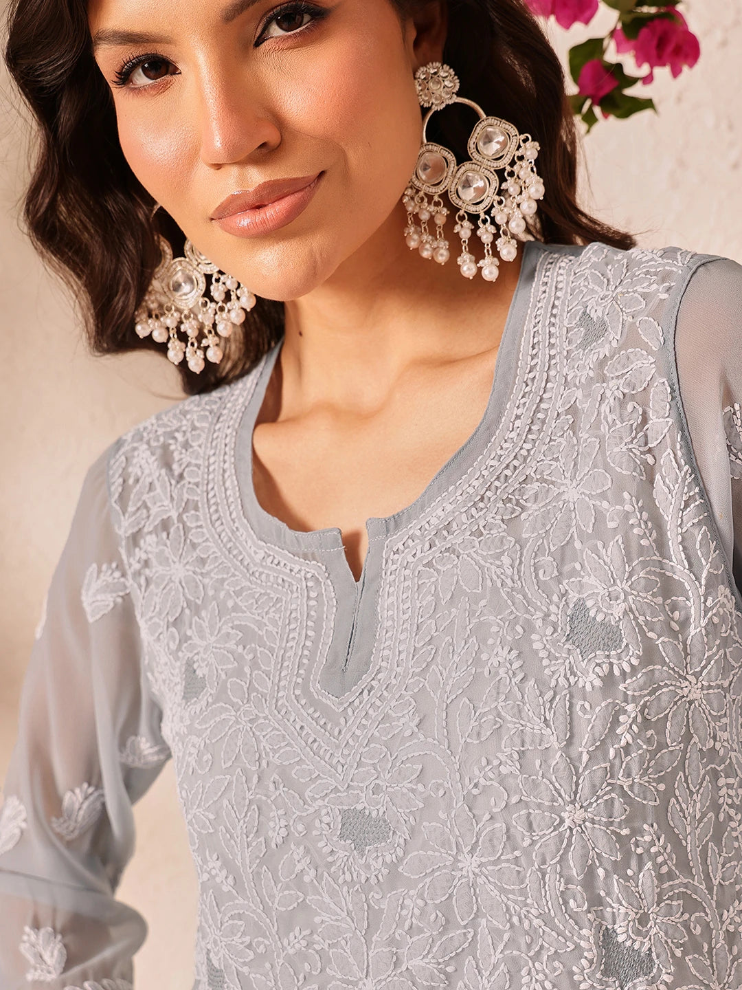 Ada Hand Embroidered Grey Georgette Lucknowi Chikankari Short Kurti A911499