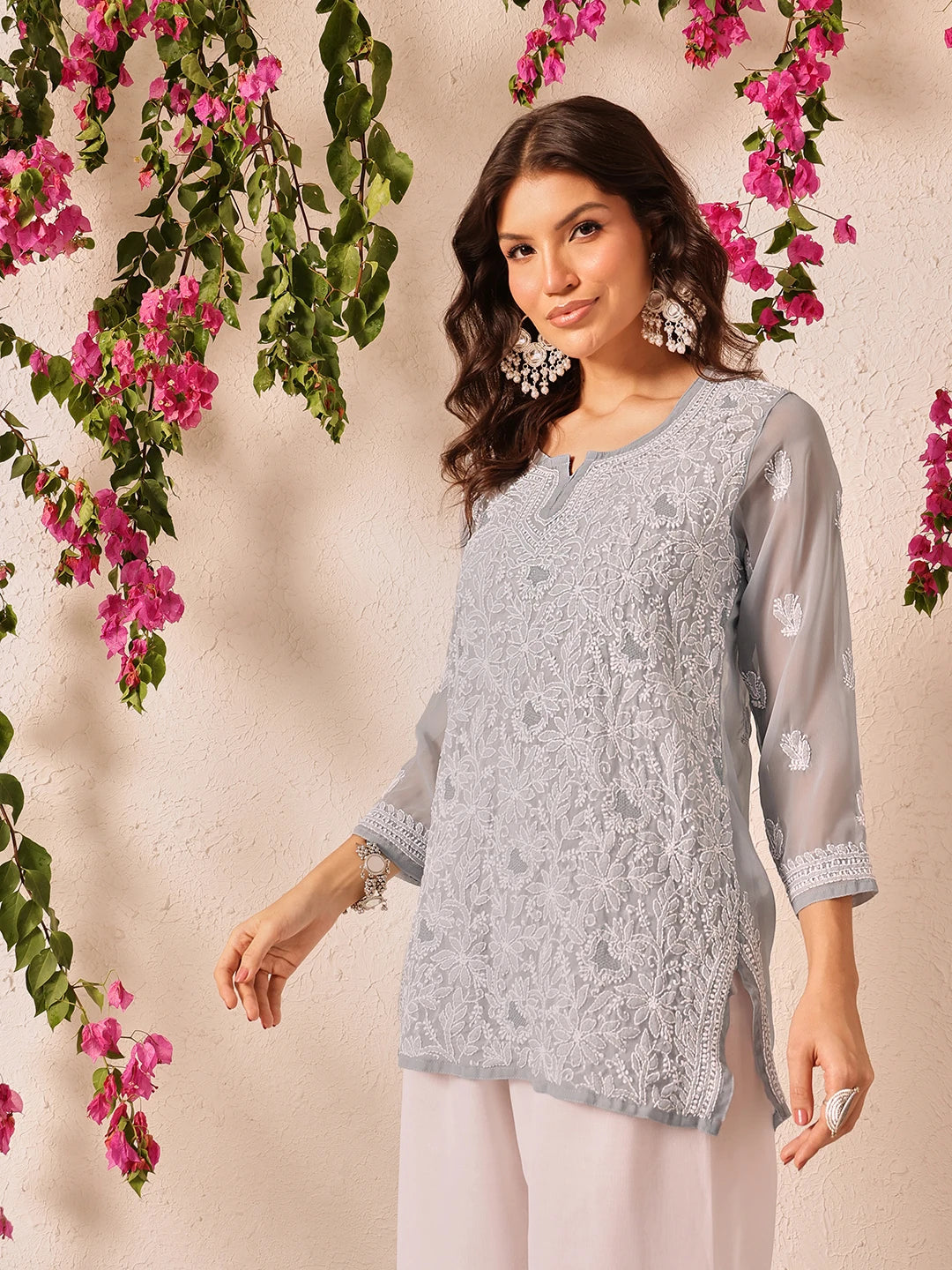 Ada Hand Embroidered Grey Georgette Lucknowi Chikankari Short Kurti A911499