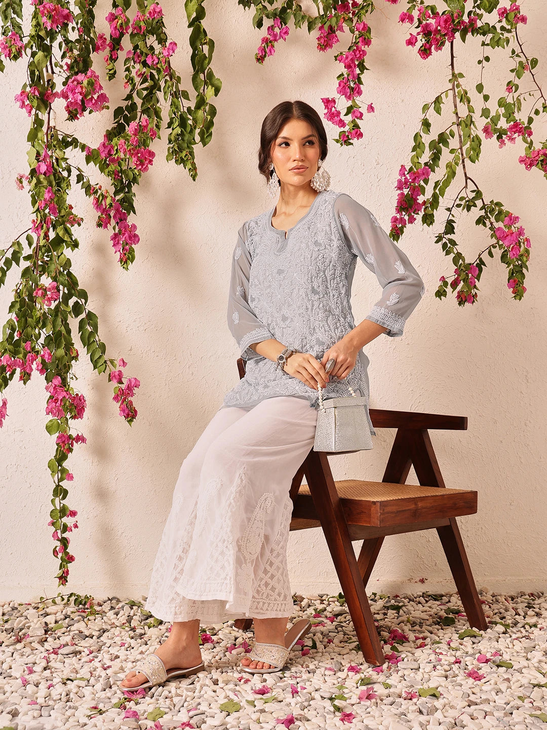 Ada Hand Embroidered Grey Georgette Lucknowi Chikankari Short Kurti A911499