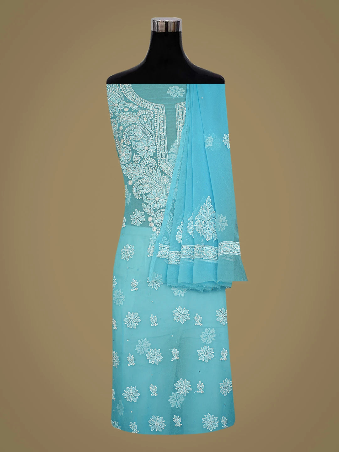 Ada Hand Embroidered Bondi Blue Georgette Lucknowi Chikankari Unstitched Suit Piece With Cutdana Work 01A679841