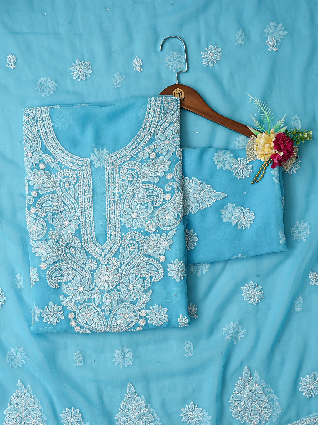 Ada Hand Embroidered Bondi Blue Georgette Lucknowi Chikankari Unstitched Suit Piece With Cutdana Work 01A679841
