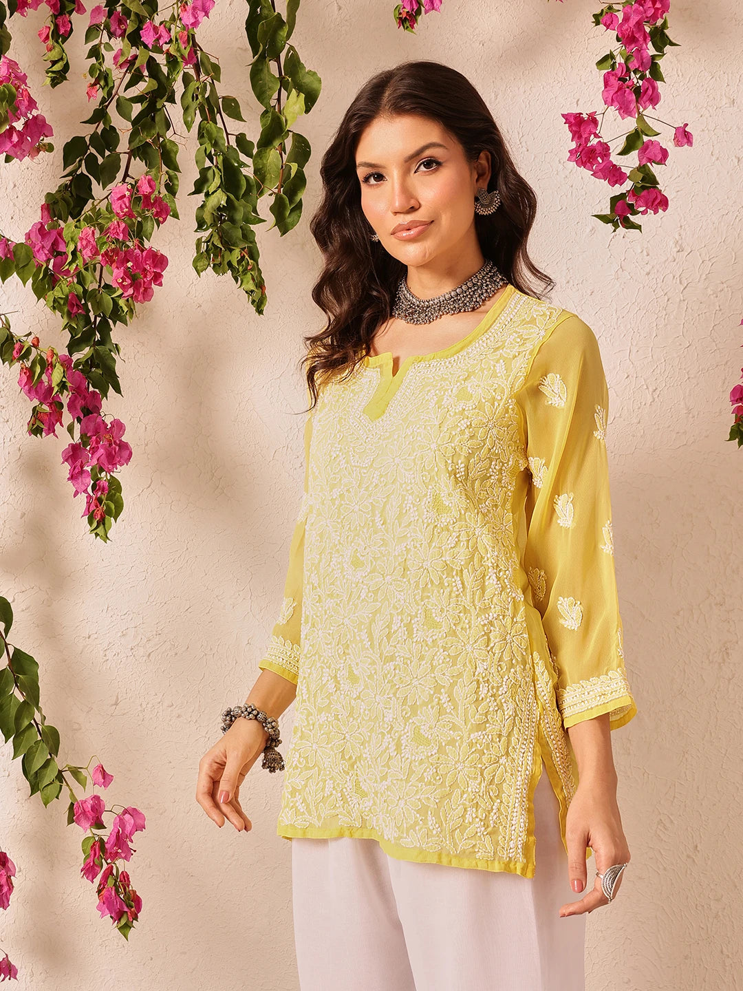 Ada Hand Embroidered Yellow Georgette Lucknowi Chikankari Short Kurti A911494