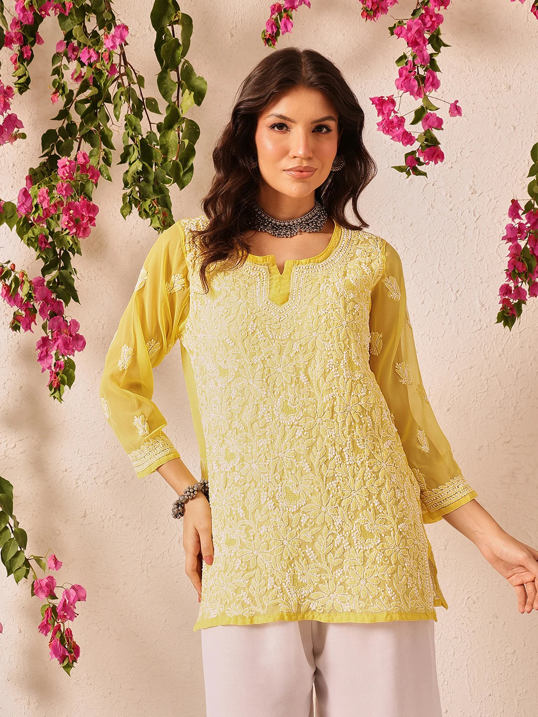 Ada Hand Embroidered Yellow Georgette Lucknowi Chikankari Short Kurti A911494