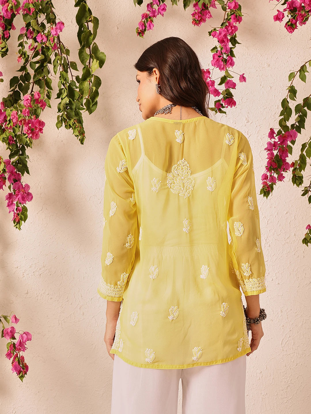 Ada Hand Embroidered Yellow Georgette Lucknowi Chikankari Short Kurti A911494