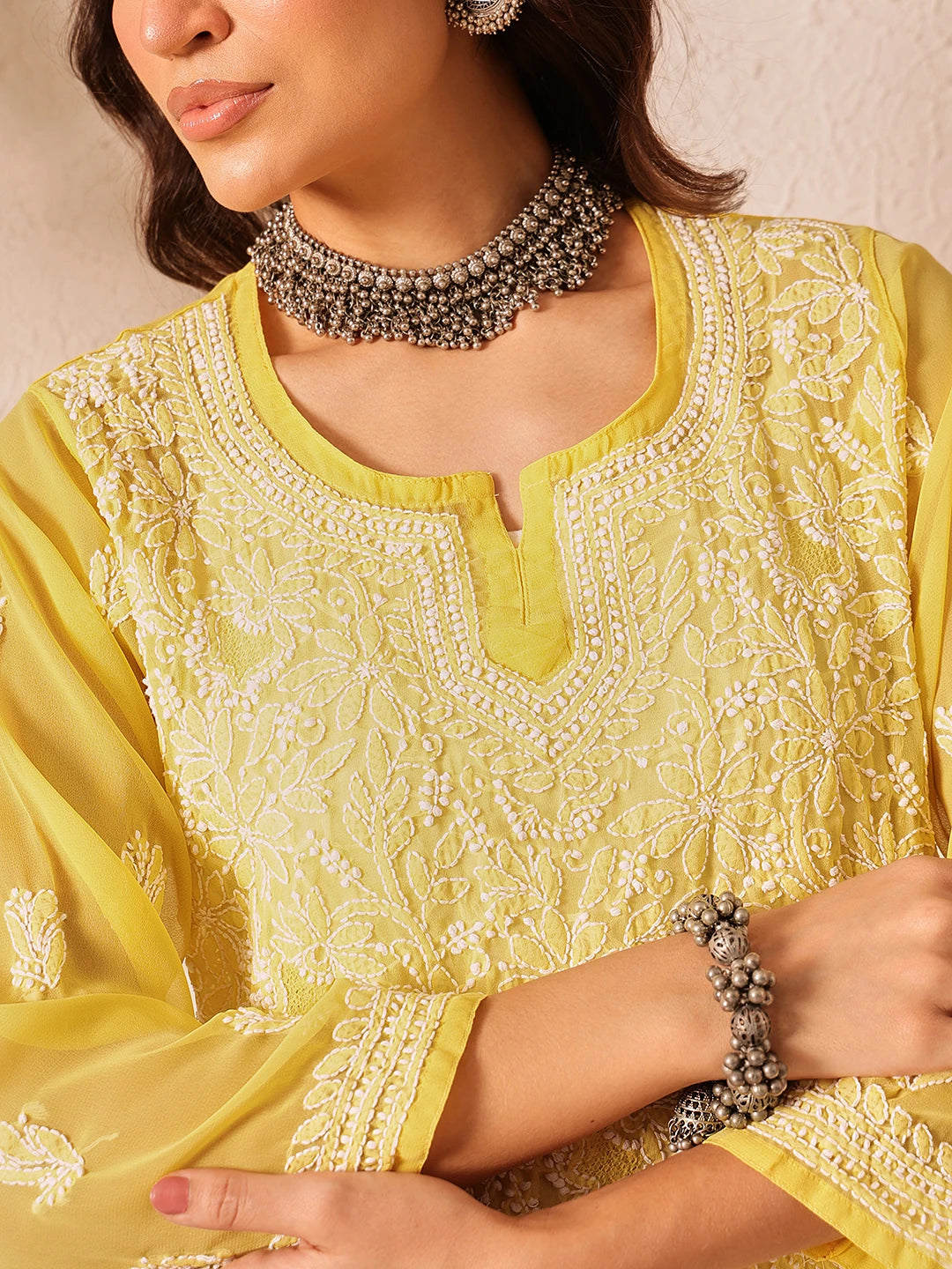 Ada Hand Embroidered Yellow Georgette Lucknowi Chikankari Short Kurti A911494