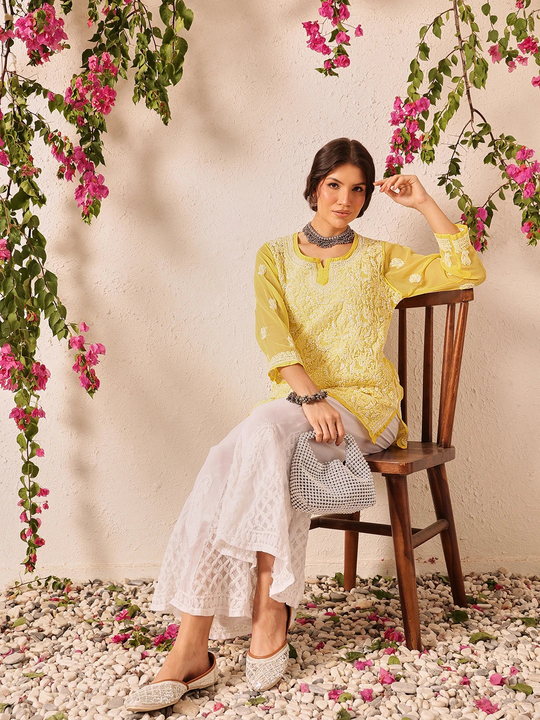 Ada Hand Embroidered Yellow Georgette Lucknowi Chikankari Short Kurti A911494