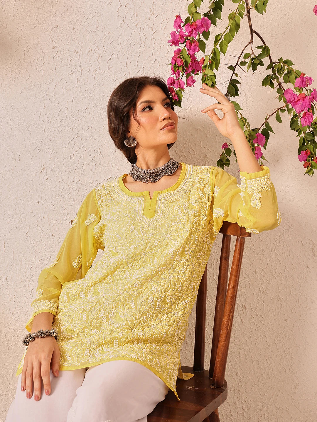 Ada Hand Embroidered Yellow Georgette Lucknowi Chikankari Short Kurti A911494