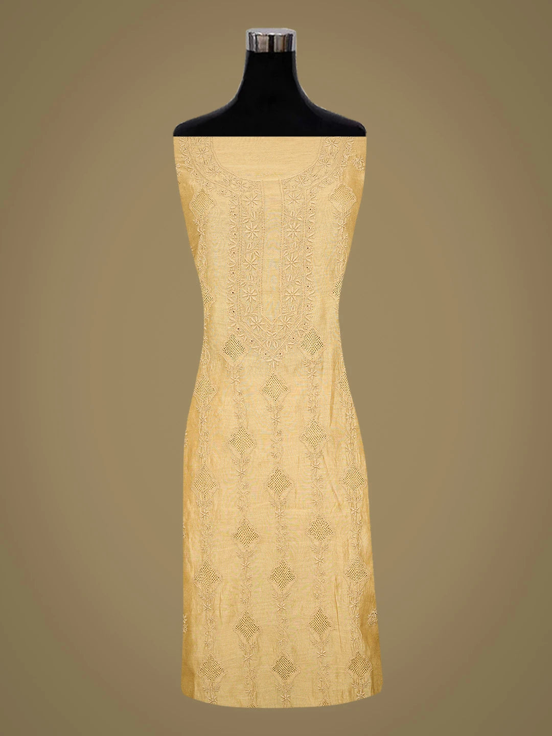 Ada Hand Embroidered Fawn Chanderi Lucknowi Chikankari Unstitched Kurta Dupatta Set 01A808993