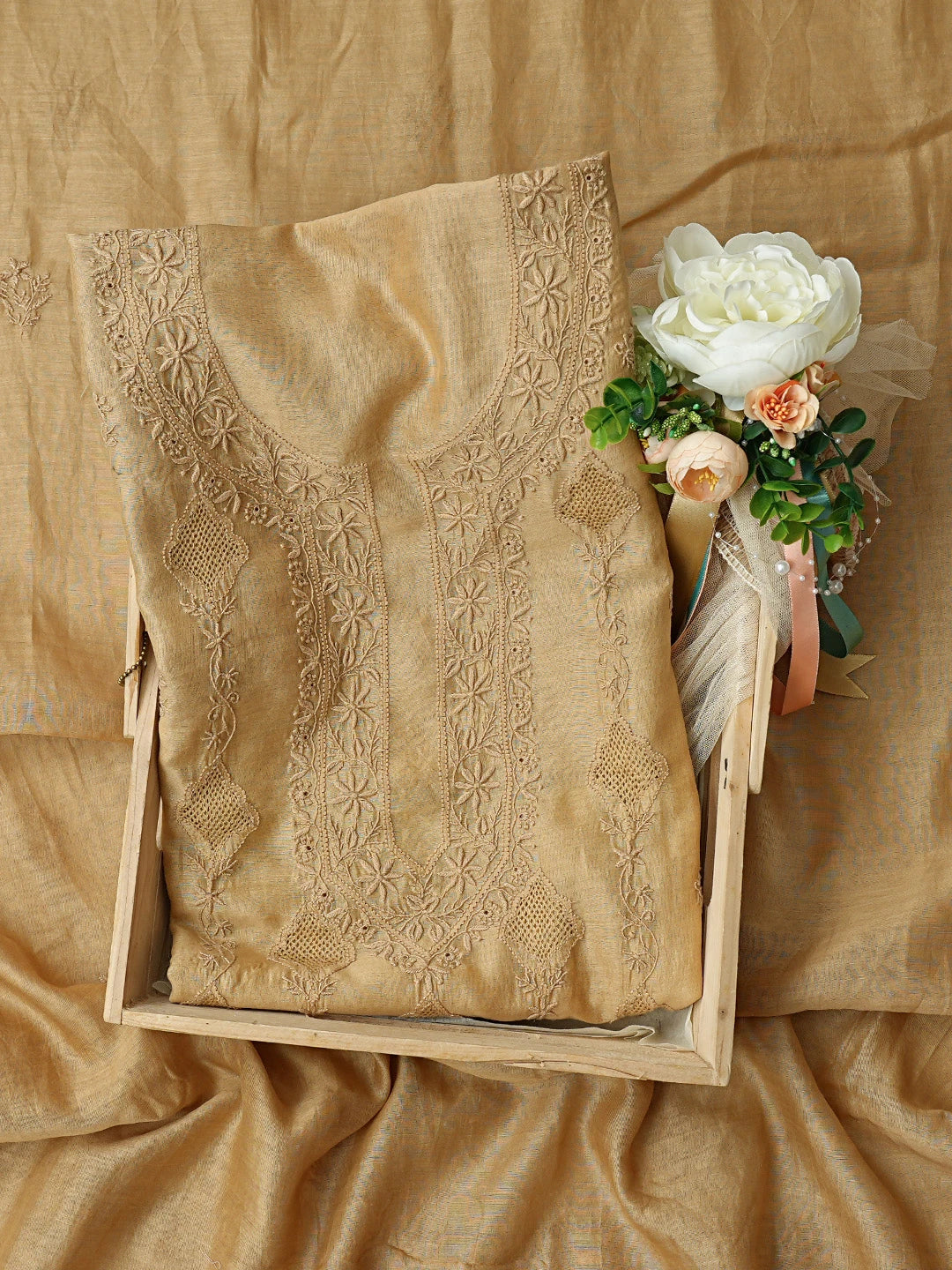 Ada Hand Embroidered Fawn Chanderi Lucknowi Chikankari Unstitched Kurta Dupatta Set 01A808993