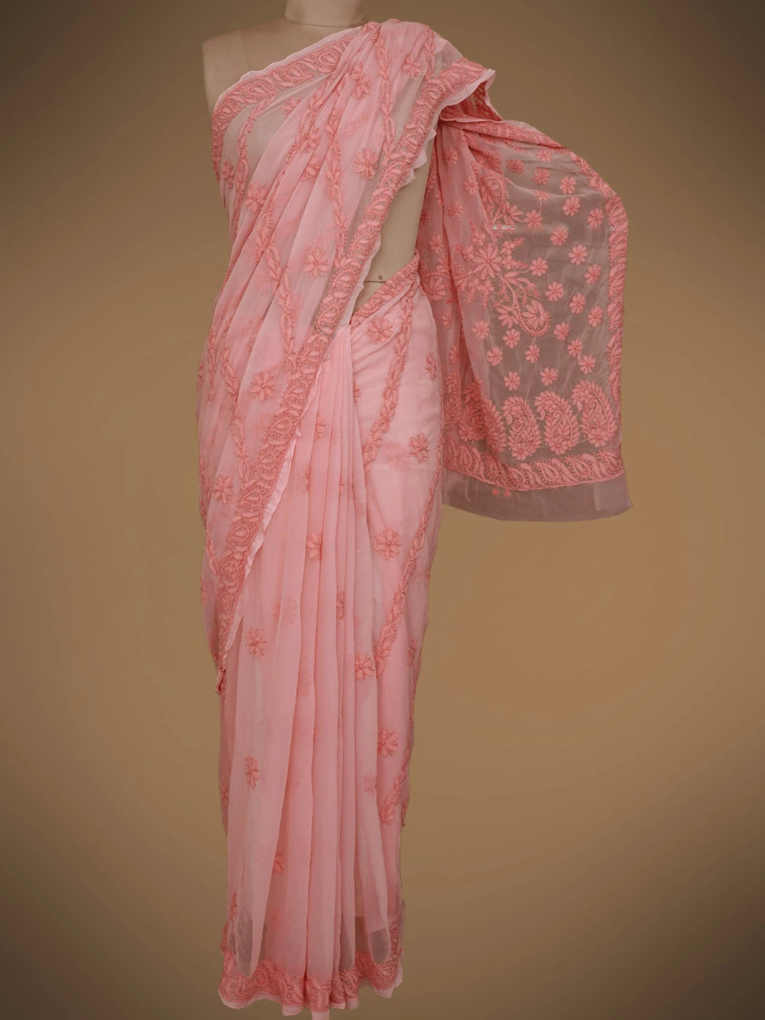 Ada Hand Embroidered Peachy Pink Georgette Lucknowi Chikankari Saree With Blouse 01A800632