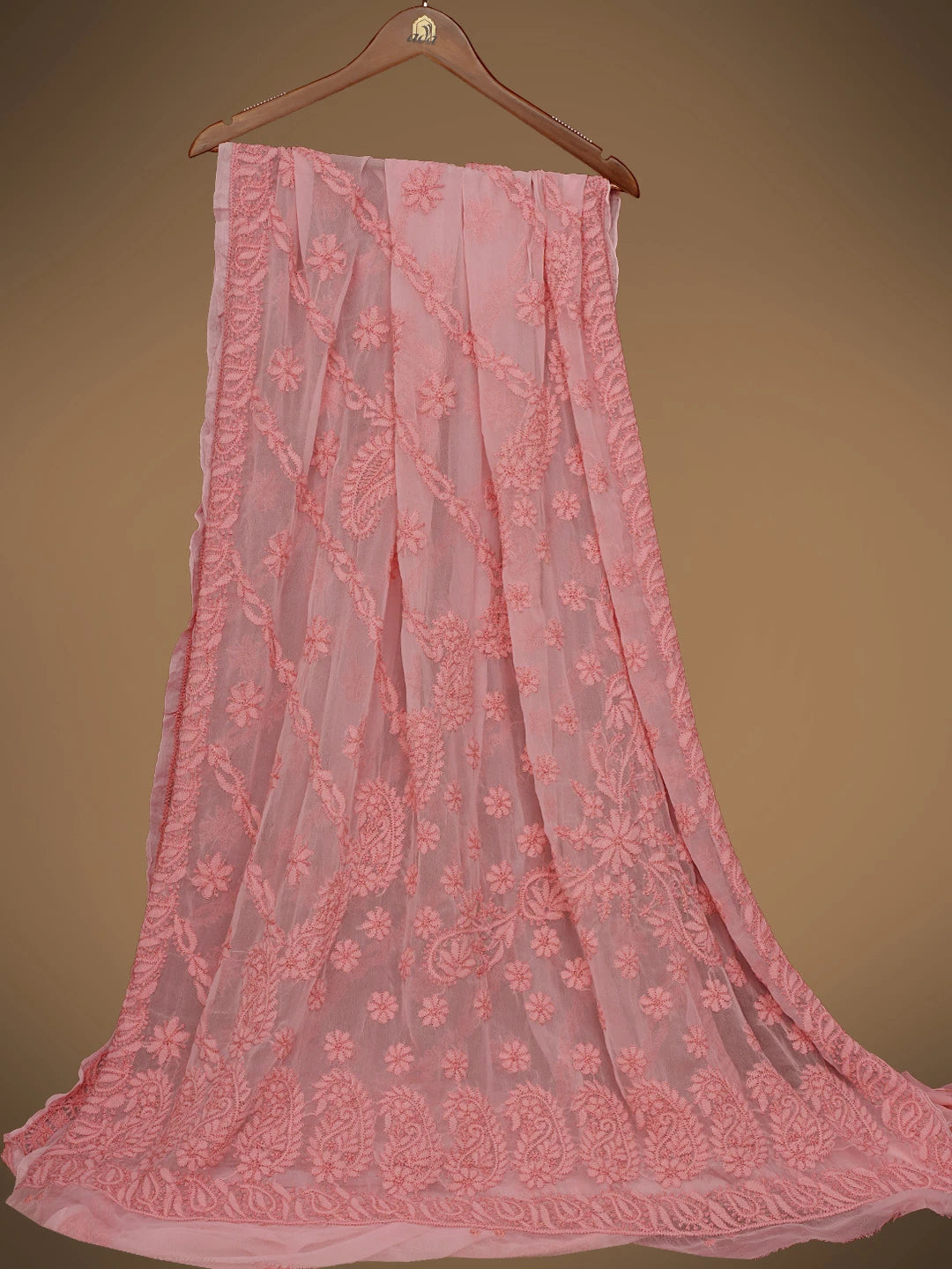 Ada Hand Embroidered Peachy Pink Georgette Lucknowi Chikankari Saree With Blouse 01A800632