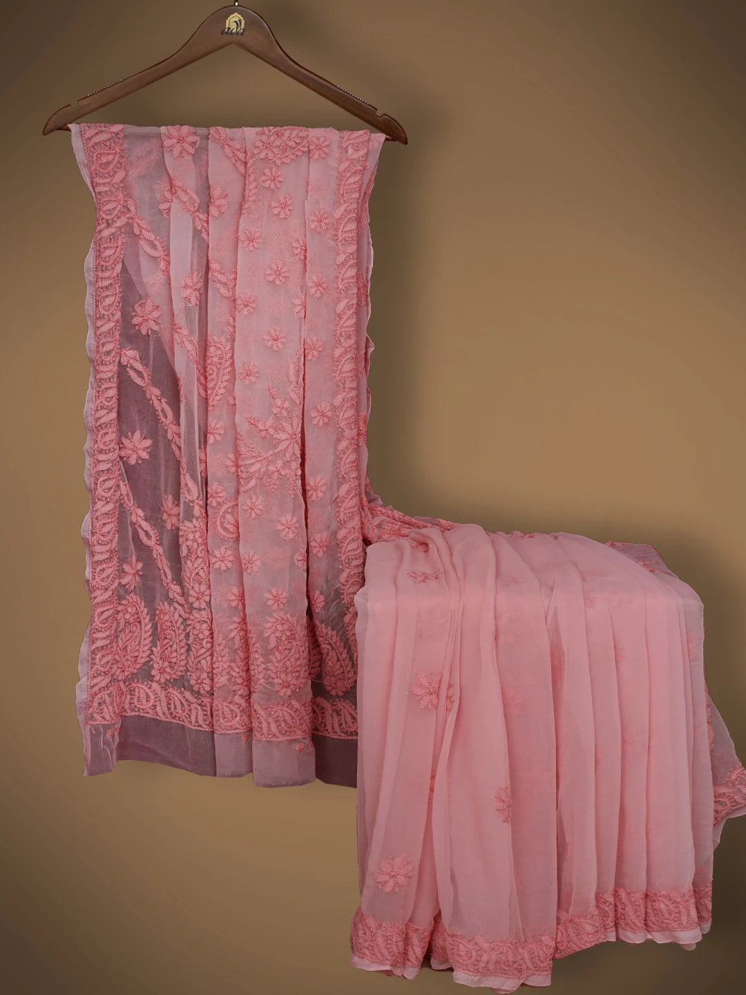 Ada Hand Embroidered Peachy Pink Georgette Lucknowi Chikankari Saree With Blouse 01A800632