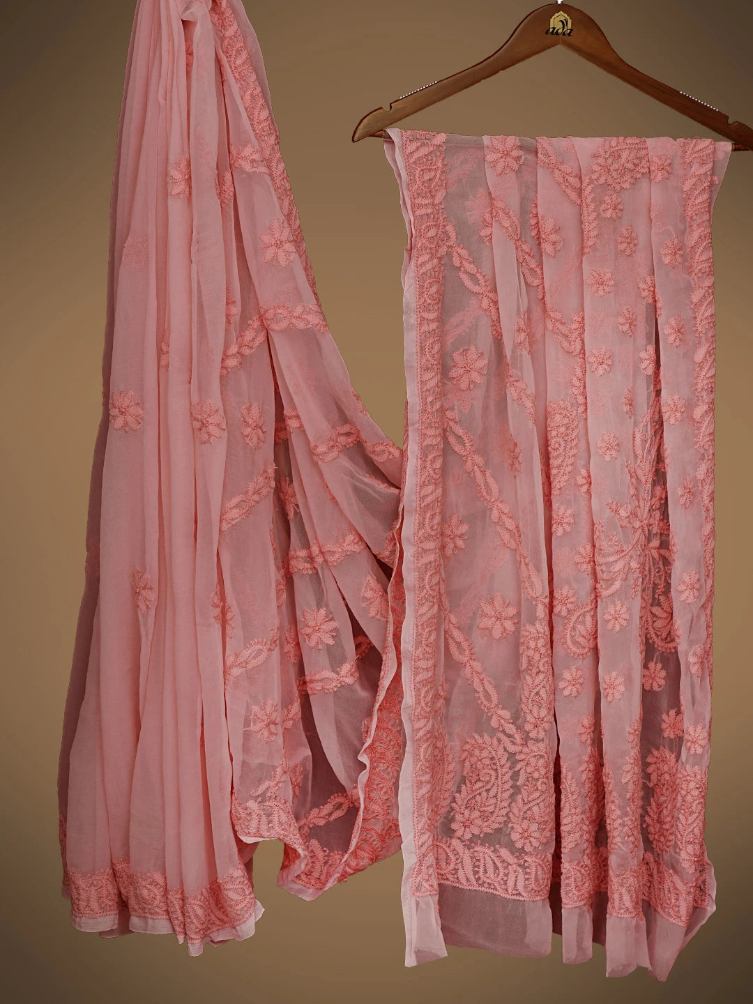 Ada Hand Embroidered Peachy Pink Georgette Lucknowi Chikankari Saree With Blouse 01A800632
