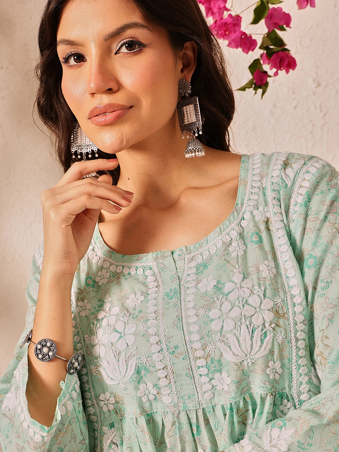 Ada Hand Embroidered Pastel Mint Green Cotton Lucknowi Chikankari A-Line Kurti A911504