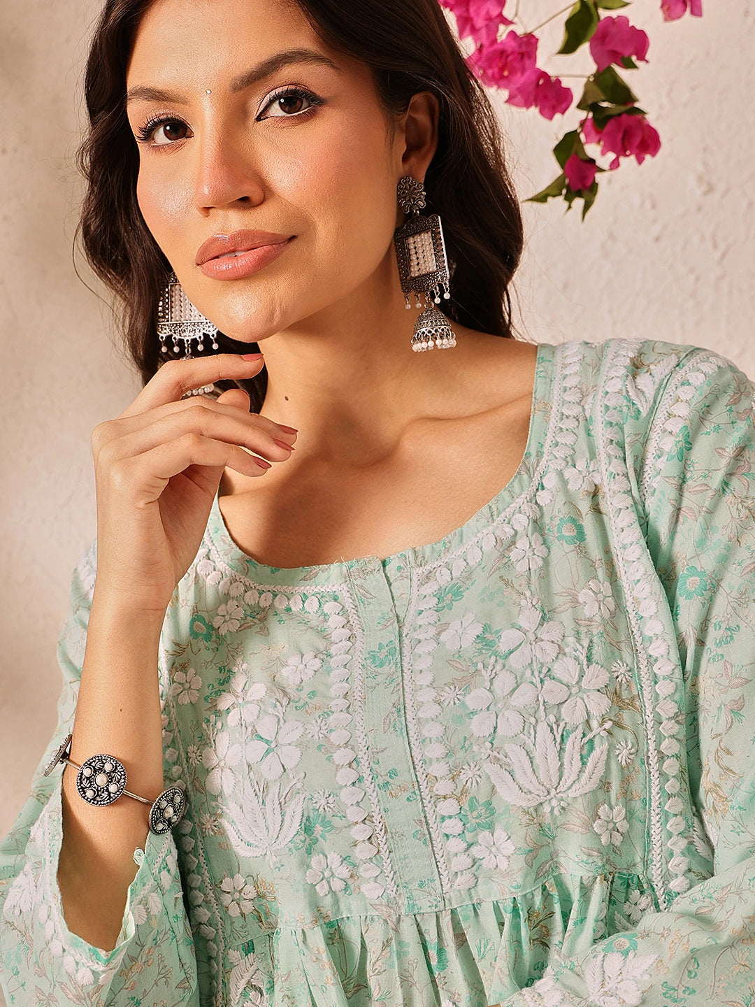 Ada Hand Embroidered Pastel Mint Green Cotton Lucknowi Chikankari A-Line Kurti A911504
