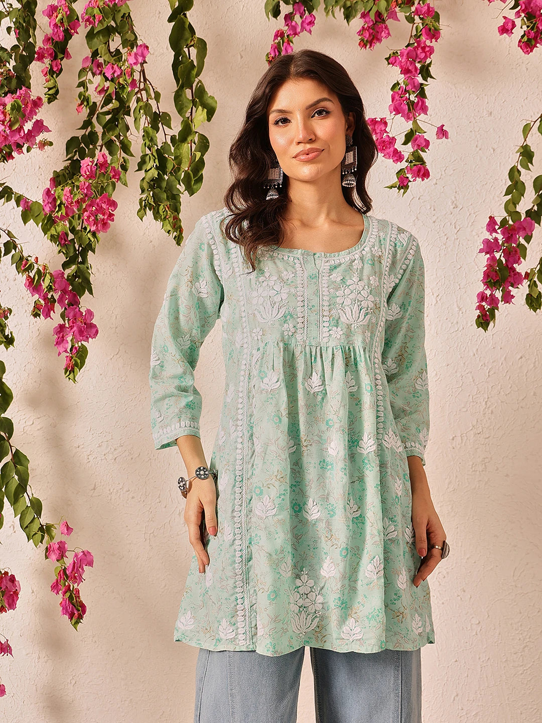 Ada Hand Embroidered Pastel Mint Green Cotton Lucknowi Chikankari A-Line Kurti A911504