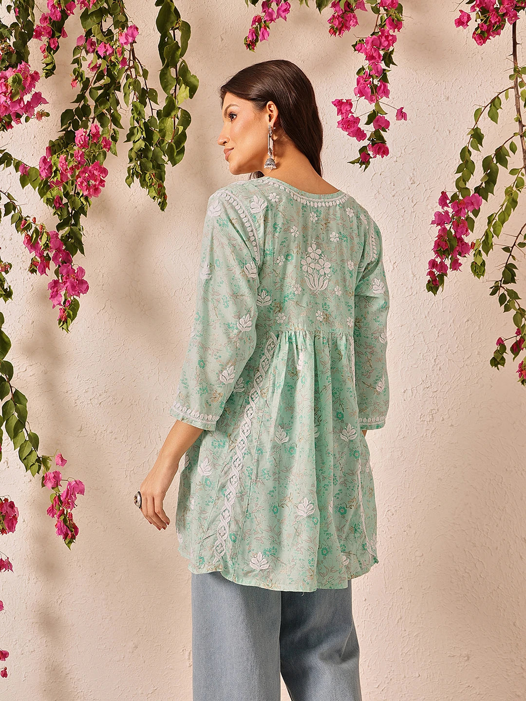Ada Hand Embroidered Pastel Mint Green Cotton Lucknowi Chikankari A-Line Kurti A911504