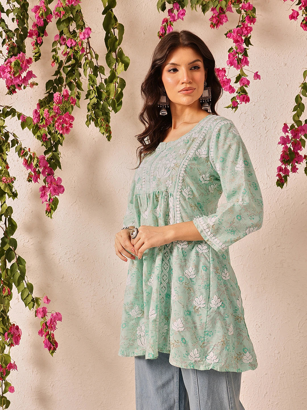 Ada Hand Embroidered Pastel Mint Green Cotton Lucknowi Chikankari A-Line Kurti A911504