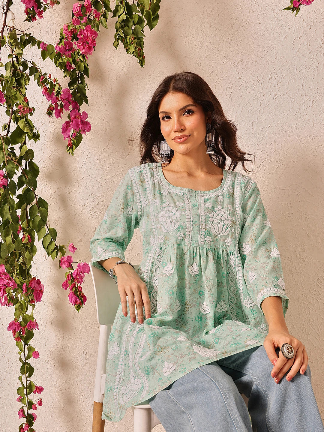 Ada Hand Embroidered Pastel Mint Green Cotton Lucknowi Chikankari A-Line Kurti A911504