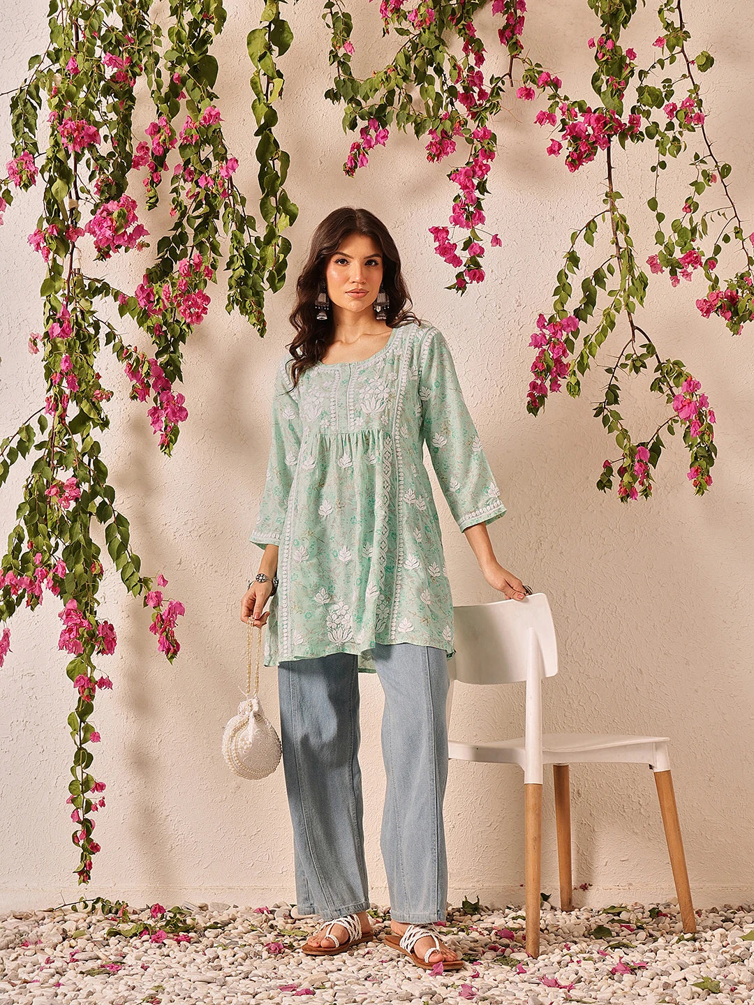 Ada Hand Embroidered Pastel Mint Green Cotton Lucknowi Chikankari A-Line Kurti A911504