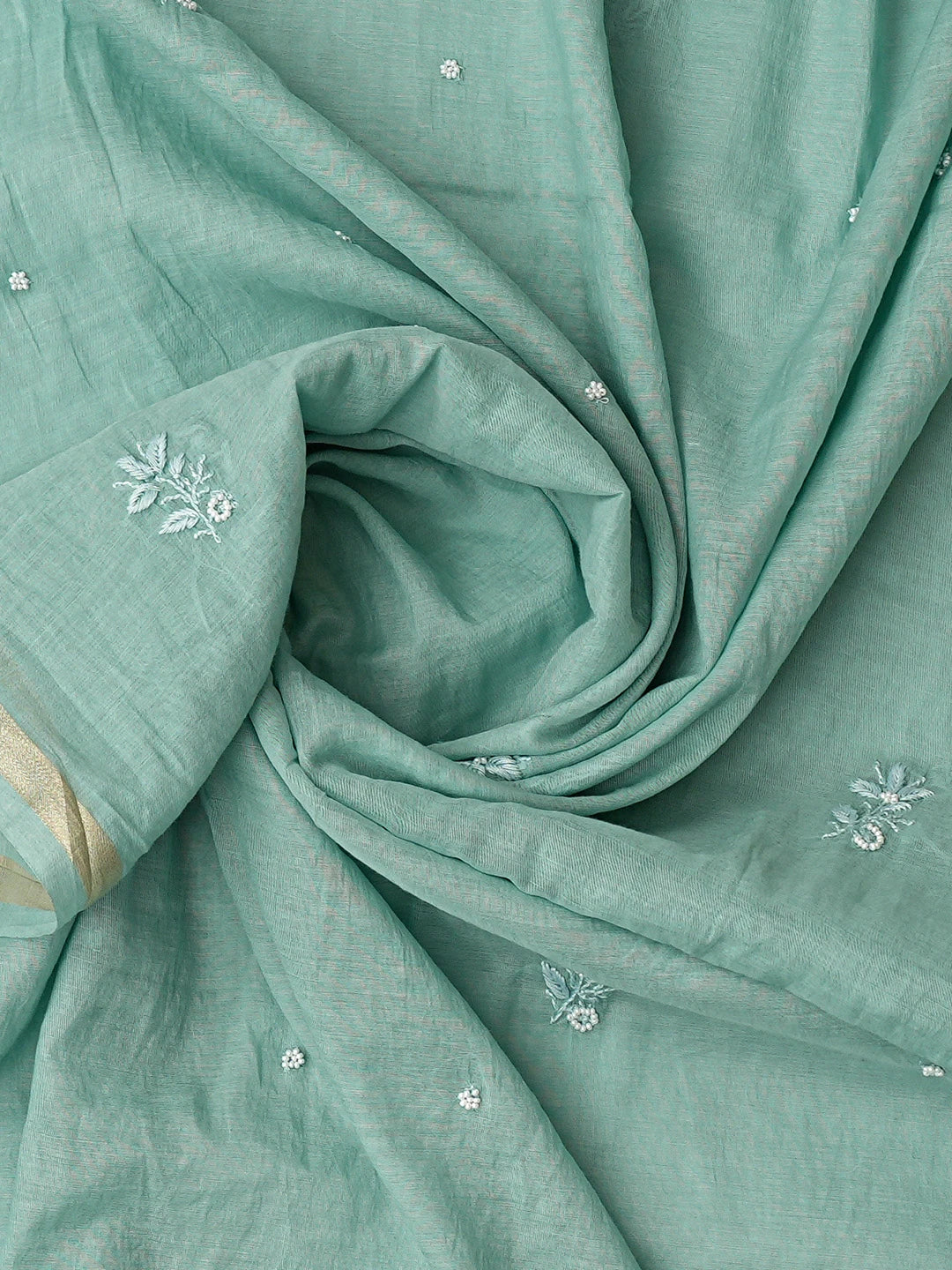 Ada Hand Embroidered Teal Green Chanderi Lucknowi Chikankari Semi-stitched Kurta Dupatta Set With Pearl Work 01A749829