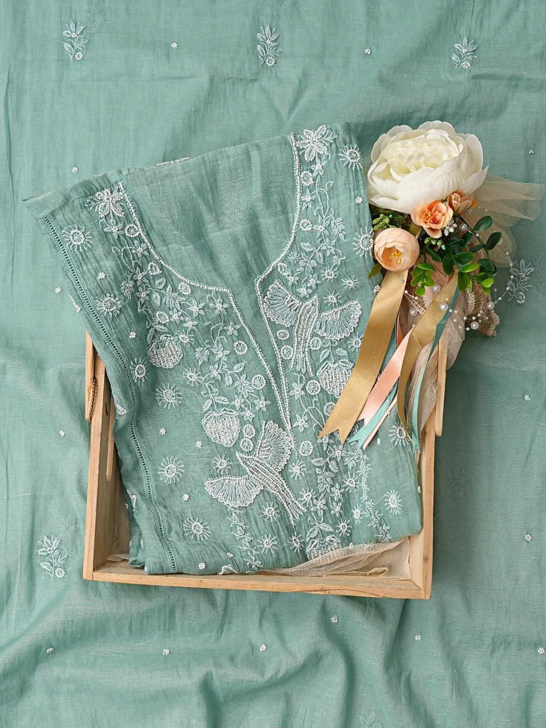 Ada Hand Embroidered Teal Green Chanderi Lucknowi Chikankari Semi-stitched Kurta Dupatta Set With Pearl Work 01A749829