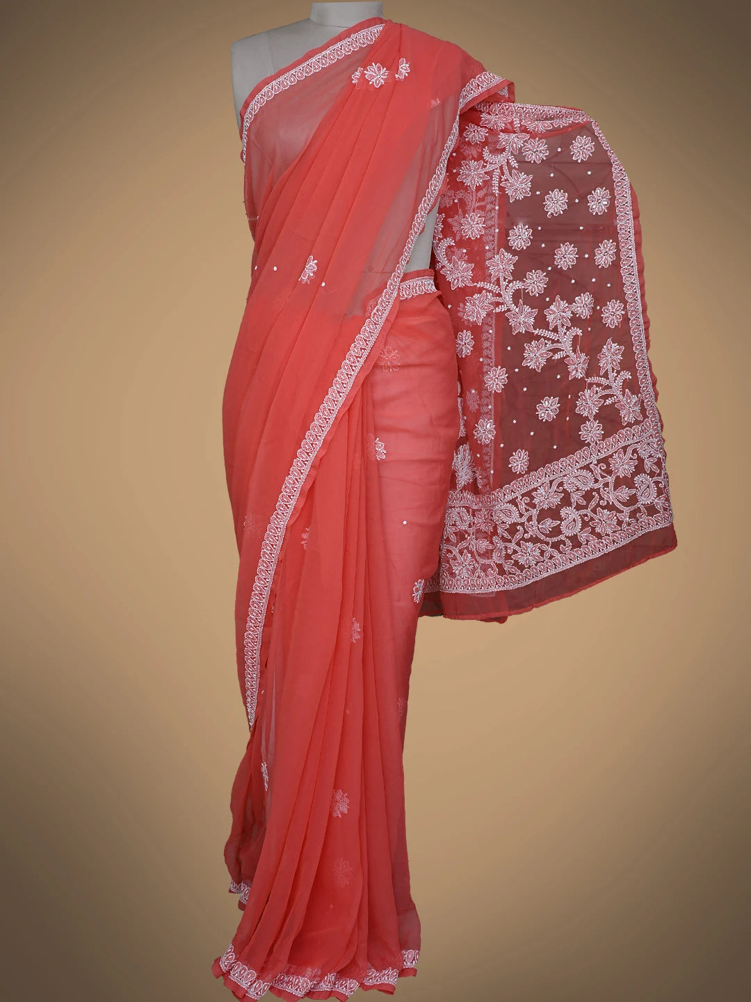 Ada Hand Embroidered Carrot Pink Georgette Lucknowi Chikankari Saree and Blouse With Cutdana Work 01A733848