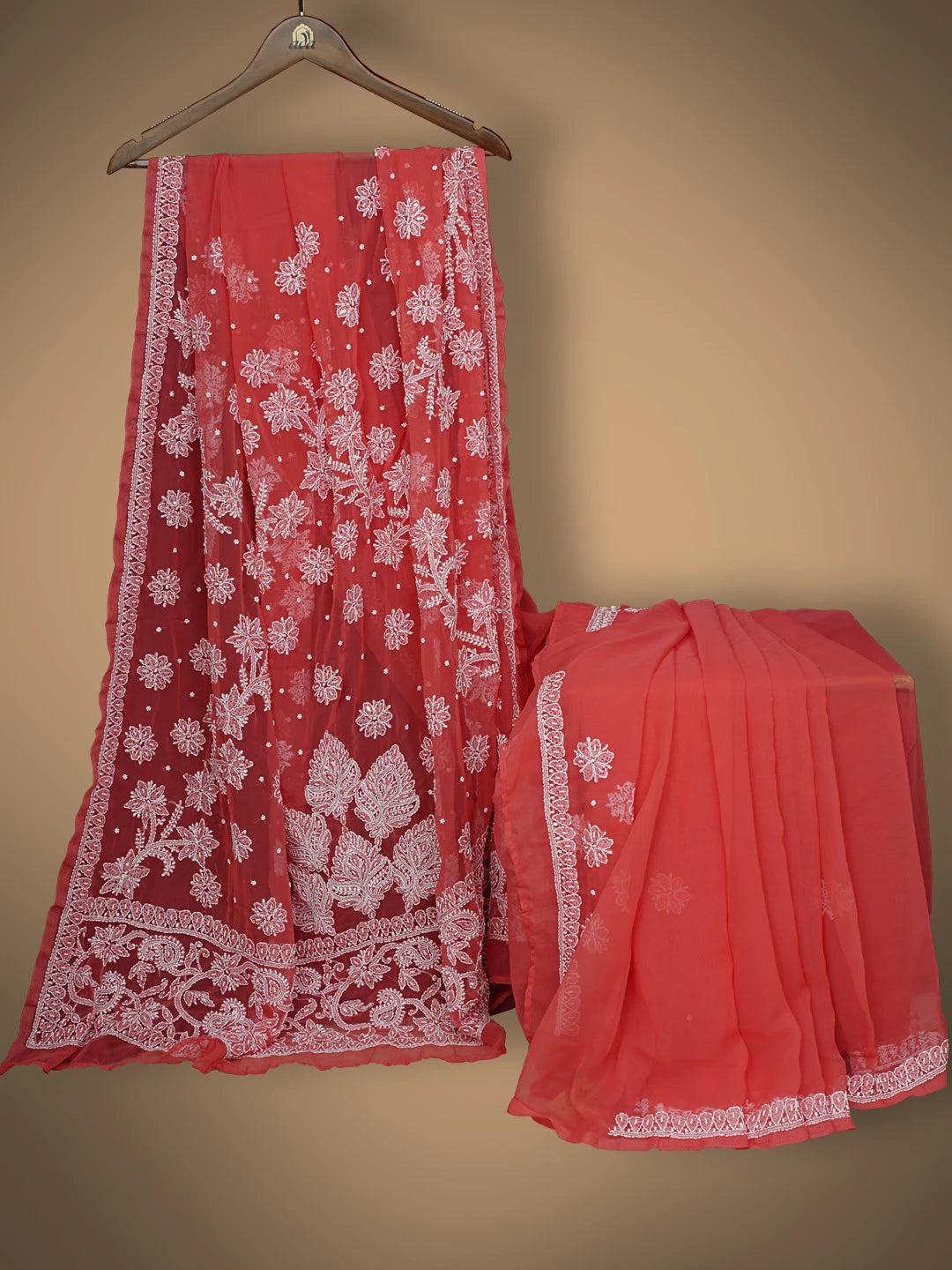 Ada Hand Embroidered Carrot Pink Georgette Lucknowi Chikankari Saree and Blouse With Cutdana Work 01A733848