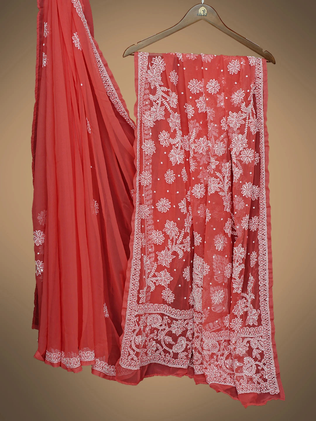 Ada Hand Embroidered Carrot Pink Georgette Lucknowi Chikankari Saree and Blouse With Cutdana Work 01A733848