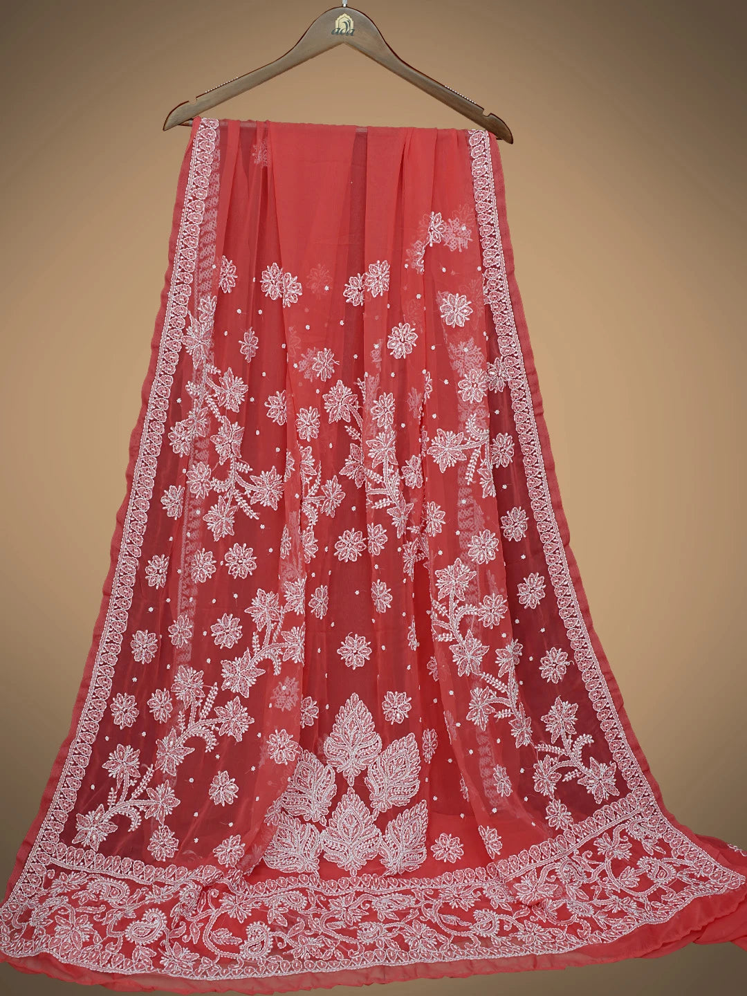 Ada Hand Embroidered Carrot Pink Georgette Lucknowi Chikankari Saree and Blouse With Cutdana Work 01A733848