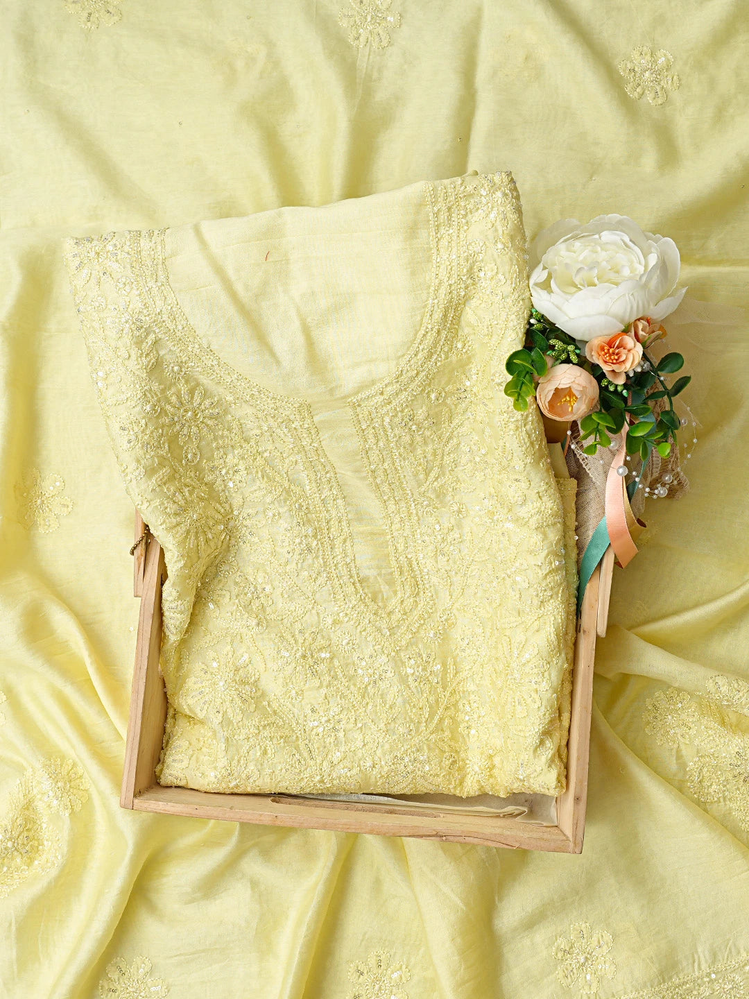 Ada Hand Embroidered Lemon Yellow Chanderi Lucknowi Chikankari Unstitched Kurta Dupatta Set With Cutdana Work 01A584761