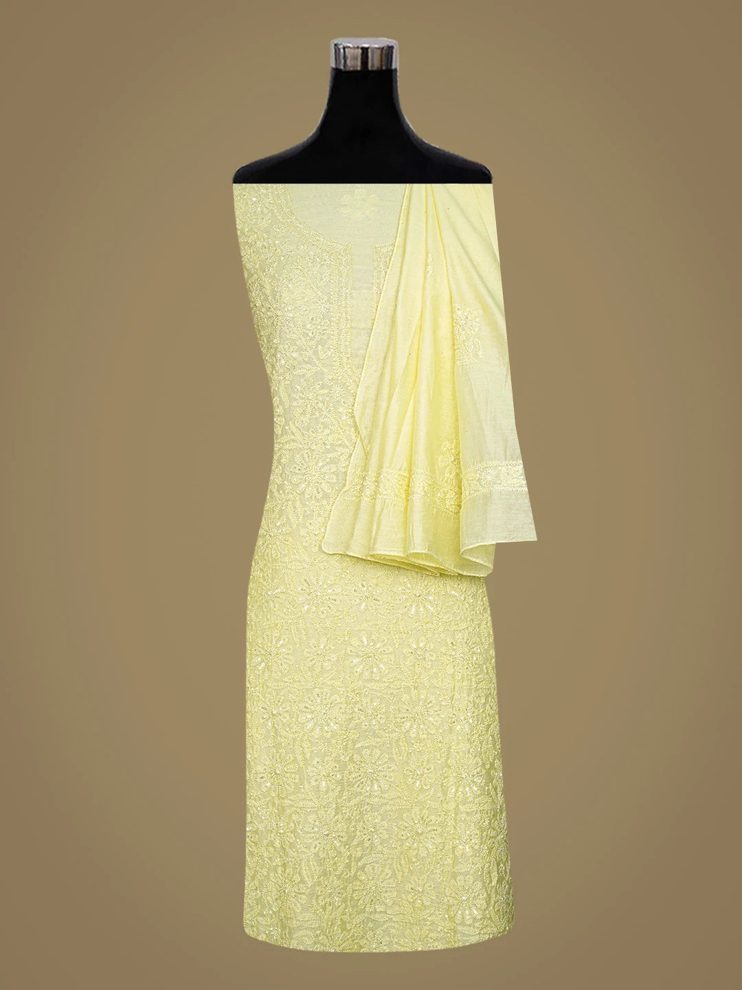 Ada Hand Embroidered Lemon Yellow Chanderi Lucknowi Chikankari Unstitched Kurta Dupatta Set With Cutdana Work 01A584761