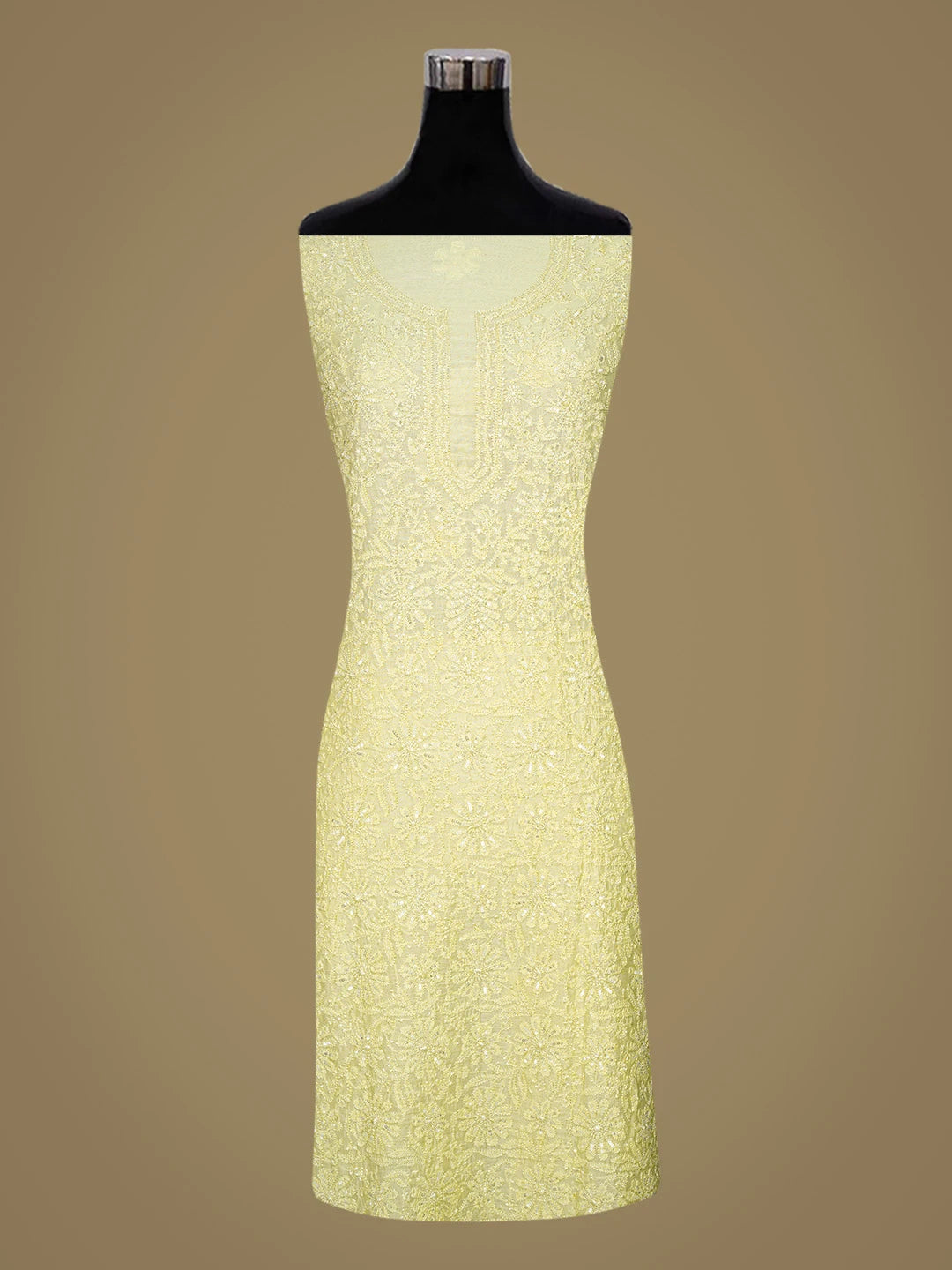 Ada Hand Embroidered Lemon Yellow Chanderi Lucknowi Chikankari Unstitched Kurta Dupatta Set With Cutdana Work 01A584761