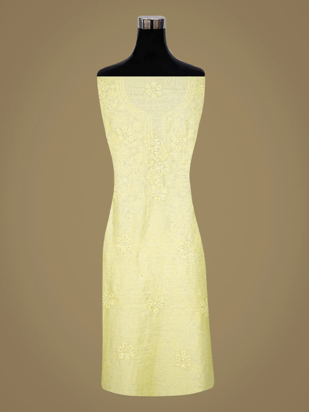 Ada Hand Embroidered Lemon Yellow Chanderi Lucknowi Chikankari Unstitched Kurta Dupatta Set With Cutdana Work 01A584761