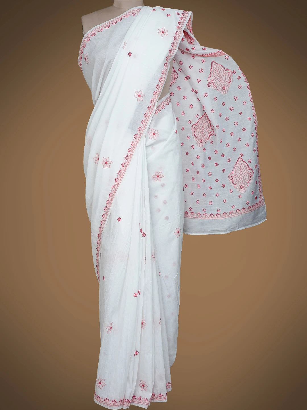 Ada Hand Embroidered White Cotton Lucknowi Chikankari Saree With Blouse 01A821769