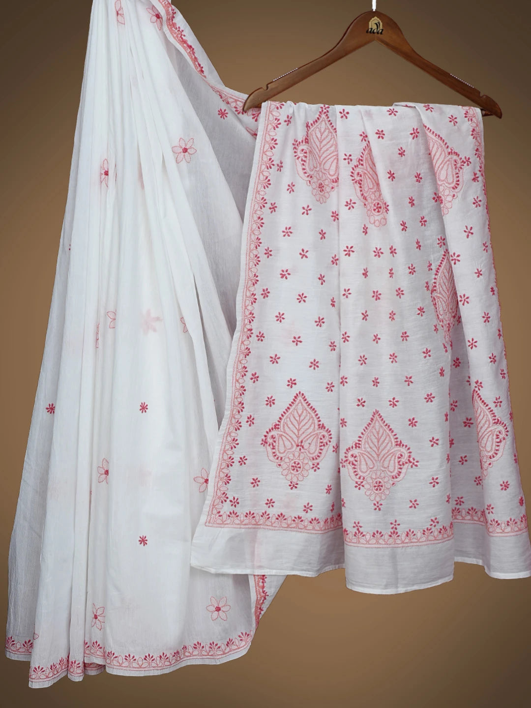 Ada Hand Embroidered White Cotton Lucknowi Chikankari Saree With Blouse 01A821769