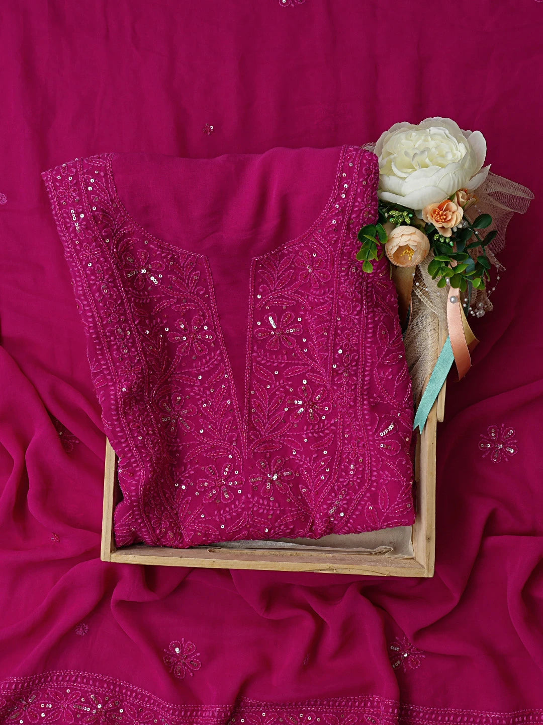 Ada Hand Embroidered Magenta Viscose Georgette Lucknowi Chikankari Unstitched Kurta Dupatta Set With Cutdana Work 01A766163