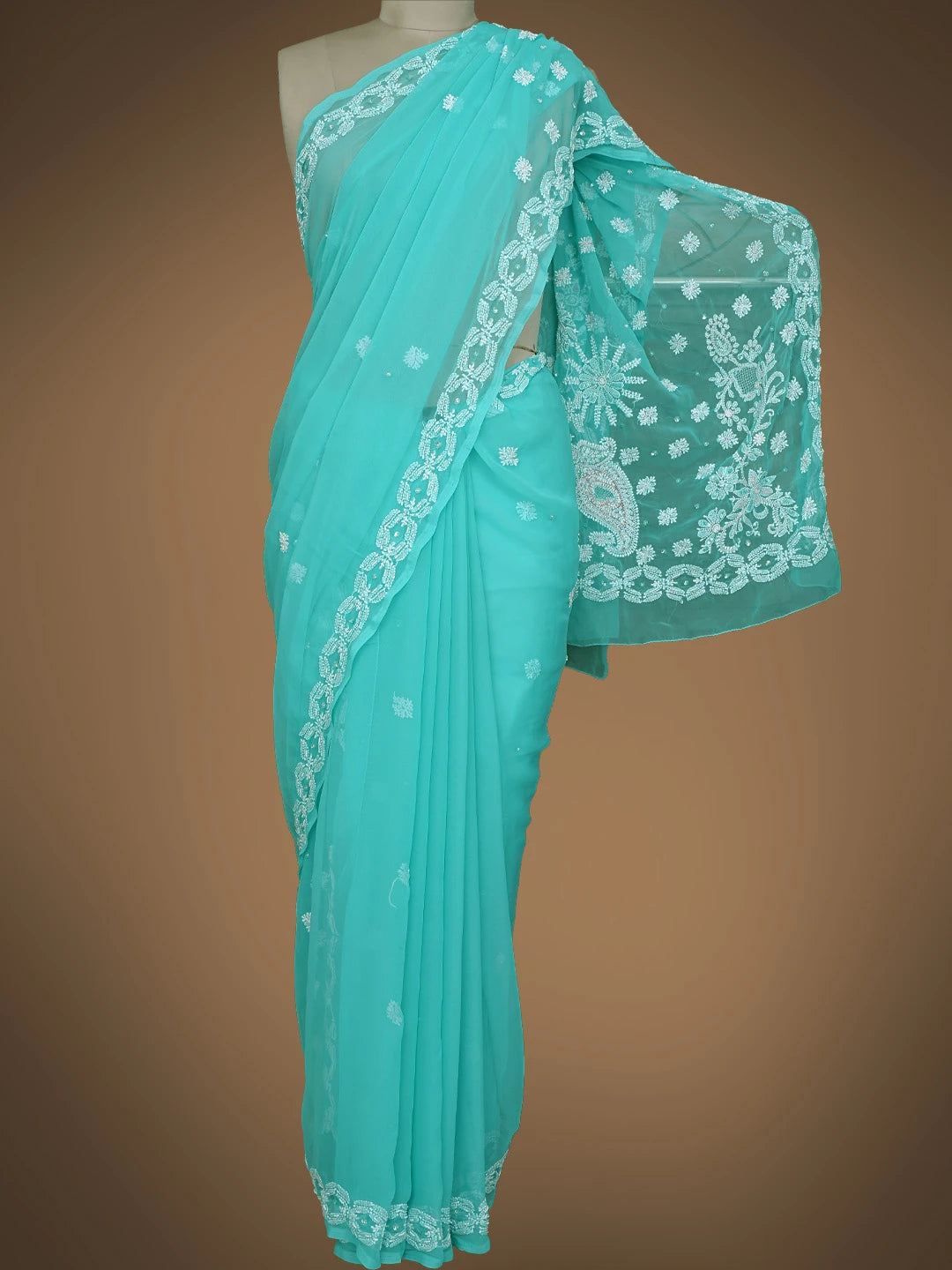 Ada Hand Embroidered Rama Green Georgette Lucknowi Chikankari Saree and Blouse With Cutdana Work 01A452768