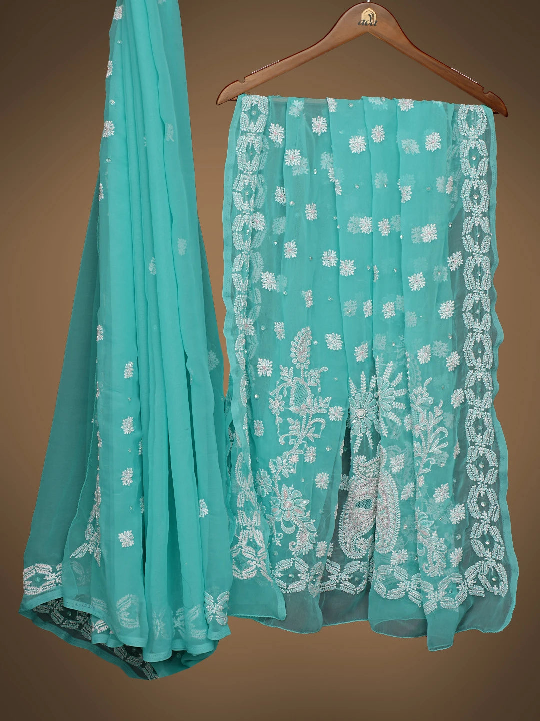 Ada Hand Embroidered Rama Green Georgette Lucknowi Chikankari Saree and Blouse With Cutdana Work 01A452768