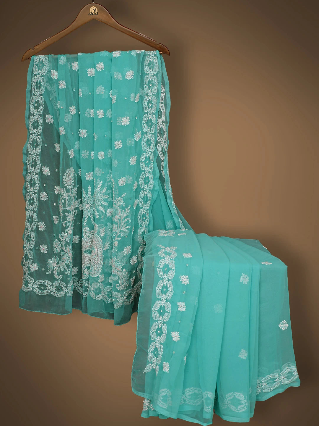 Ada Hand Embroidered Rama Green Georgette Lucknowi Chikankari Saree and Blouse With Cutdana Work 01A452768