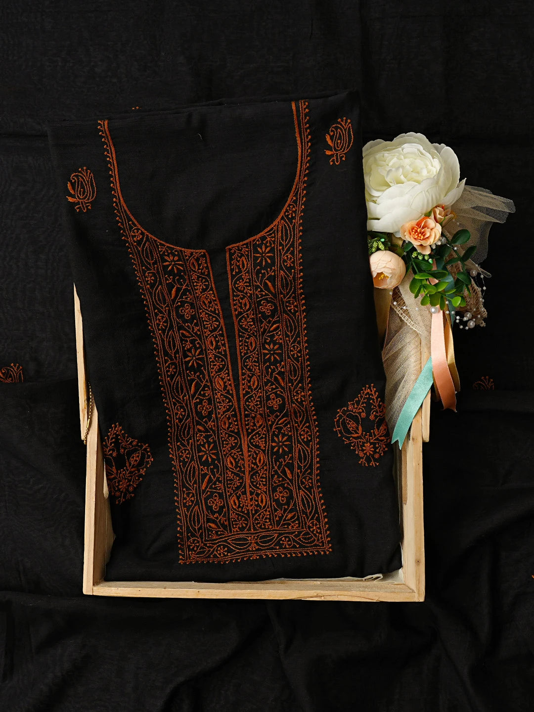 Ada Hand Embroidered Black Chanderi Lucknowi Chikankari Unstitched Kurta Dupatta Set 01A707347