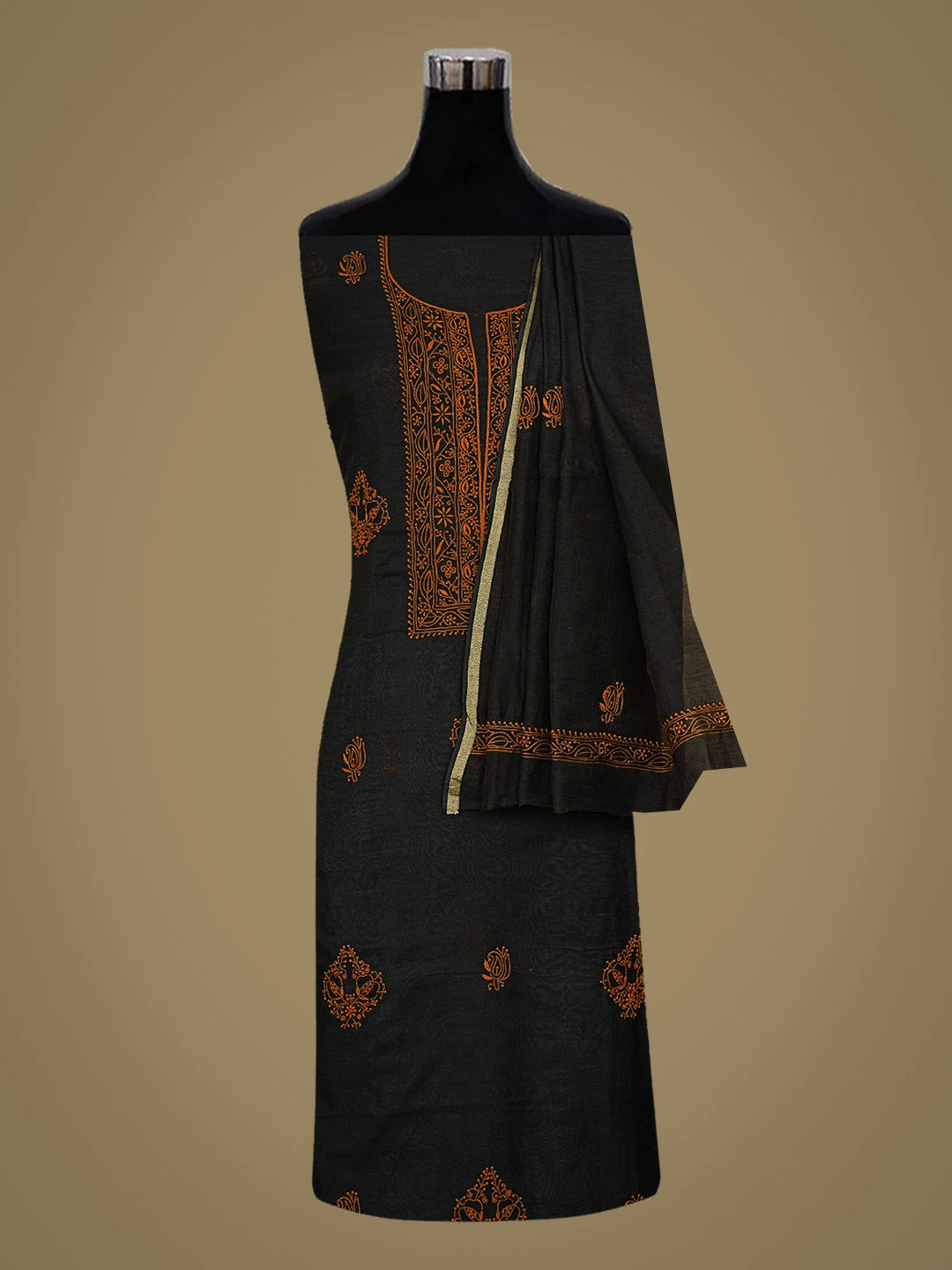 Ada Hand Embroidered Black Chanderi Lucknowi Chikankari Unstitched Kurta Dupatta Set 01A707347