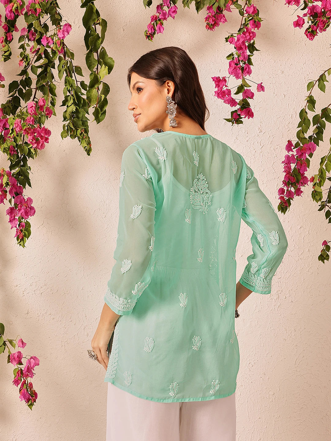 Ada Hand Embroidered Sea Green Georgette Lucknowi Chikankari Short Kurti A911500