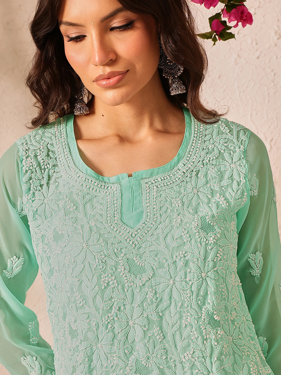 Ada Hand Embroidered Sea Green Georgette Lucknowi Chikankari Short Kurti A911500