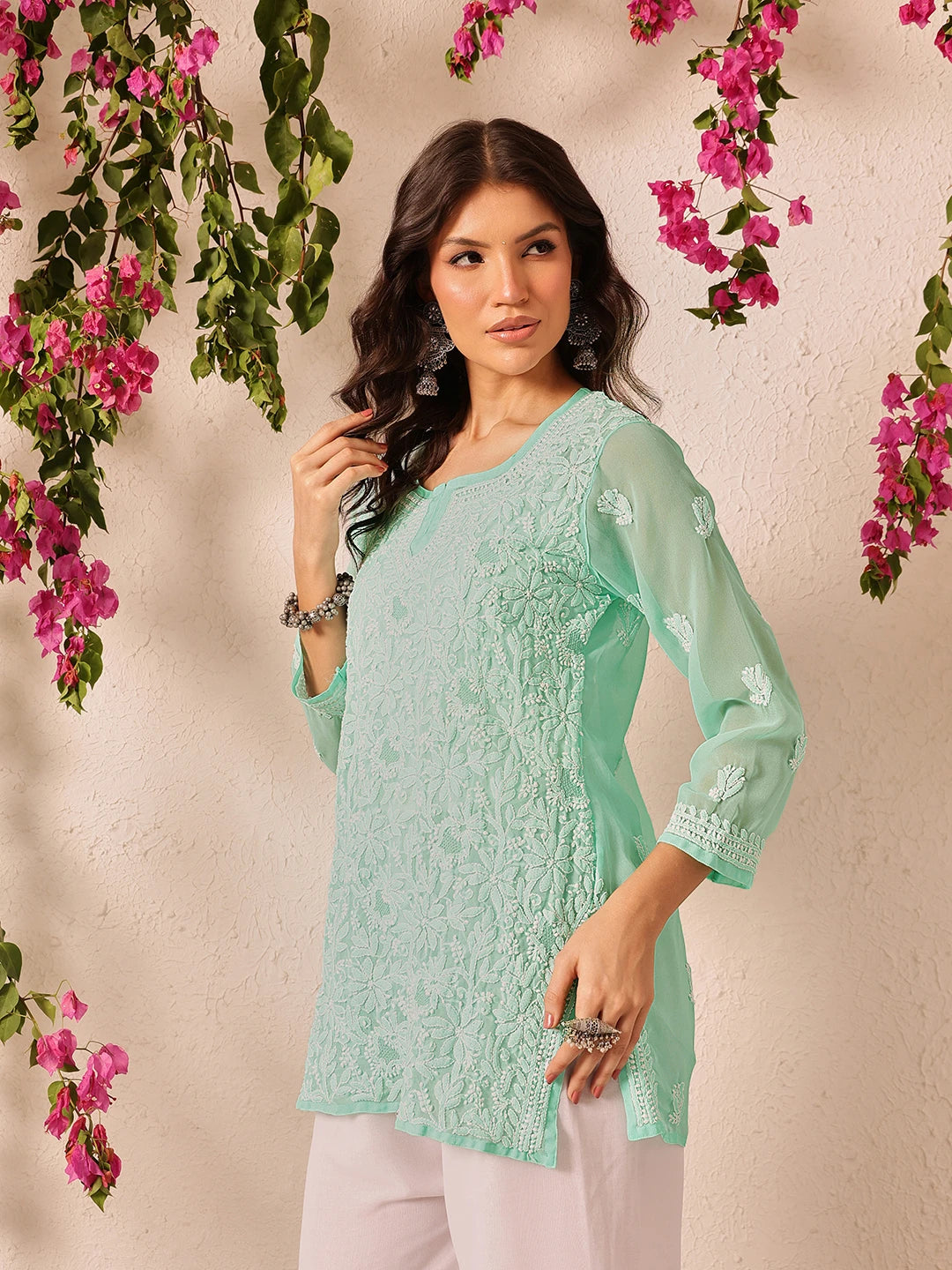 Ada Hand Embroidered Sea Green Georgette Lucknowi Chikankari Short Kurti A911500