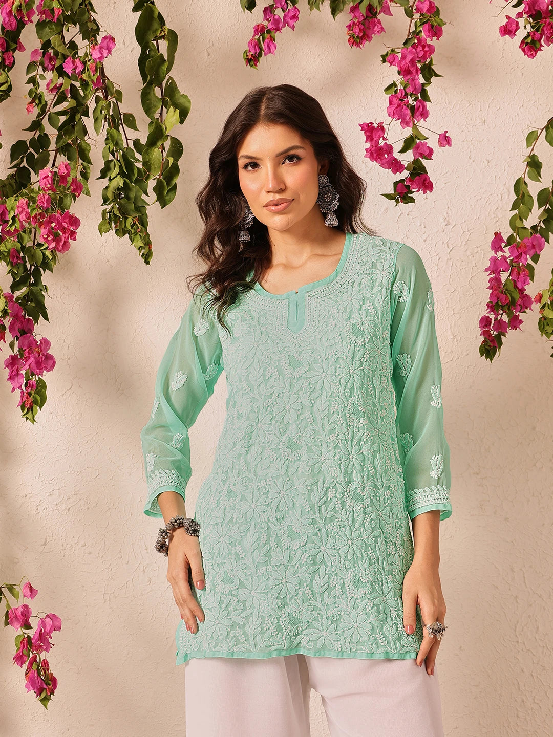 Ada Hand Embroidered Sea Green Georgette Lucknowi Chikankari Short Kurti A911500