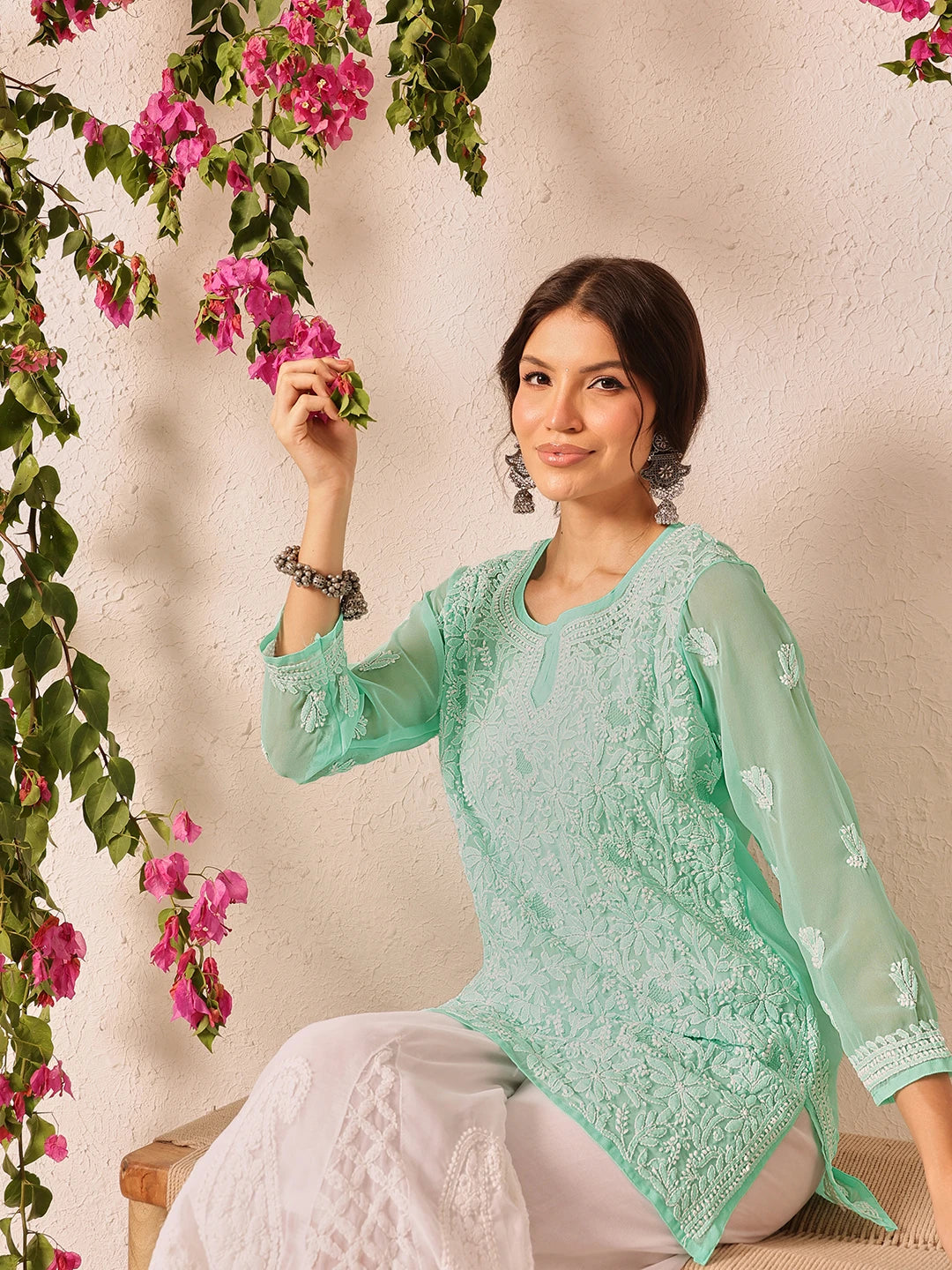 Ada Hand Embroidered Sea Green Georgette Lucknowi Chikankari Short Kurti A911500