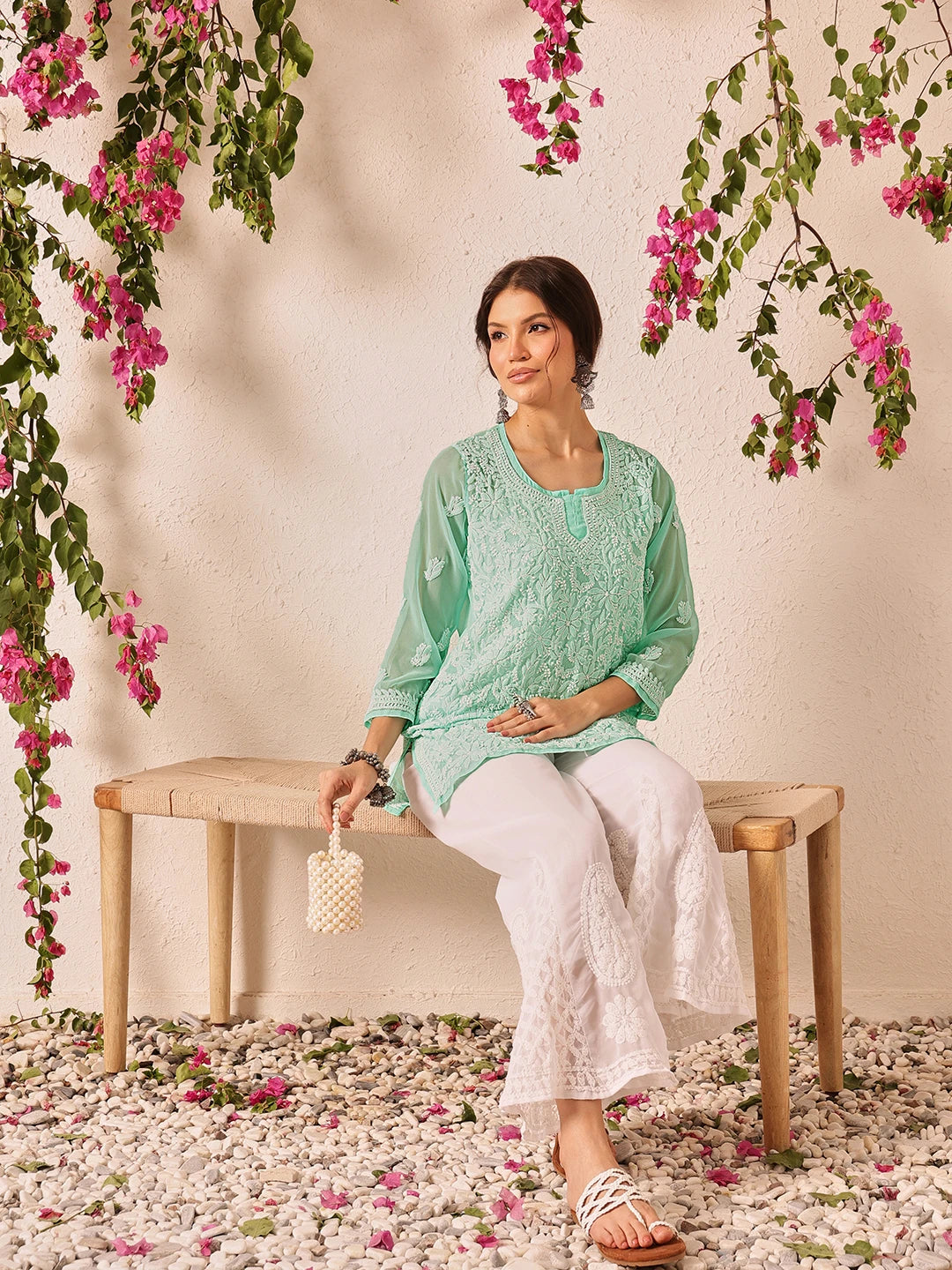 Ada Hand Embroidered Sea Green Georgette Lucknowi Chikankari Short Kurti A911500